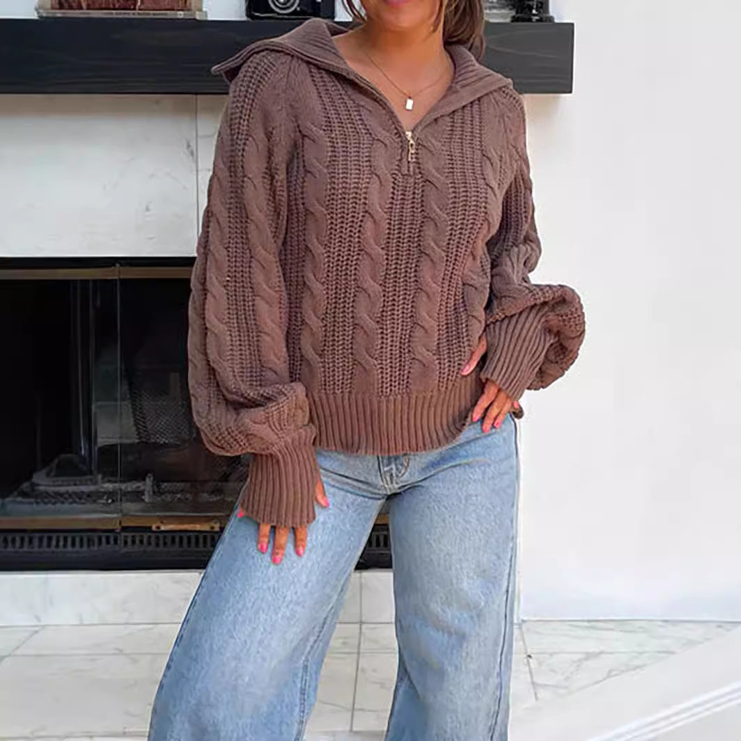 Damen Strickpullover Mit Kapuze Und Reißverschluss