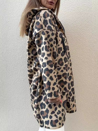 Damen Kapuzenjacke Leopardenmuster Baumwolle Taschen
