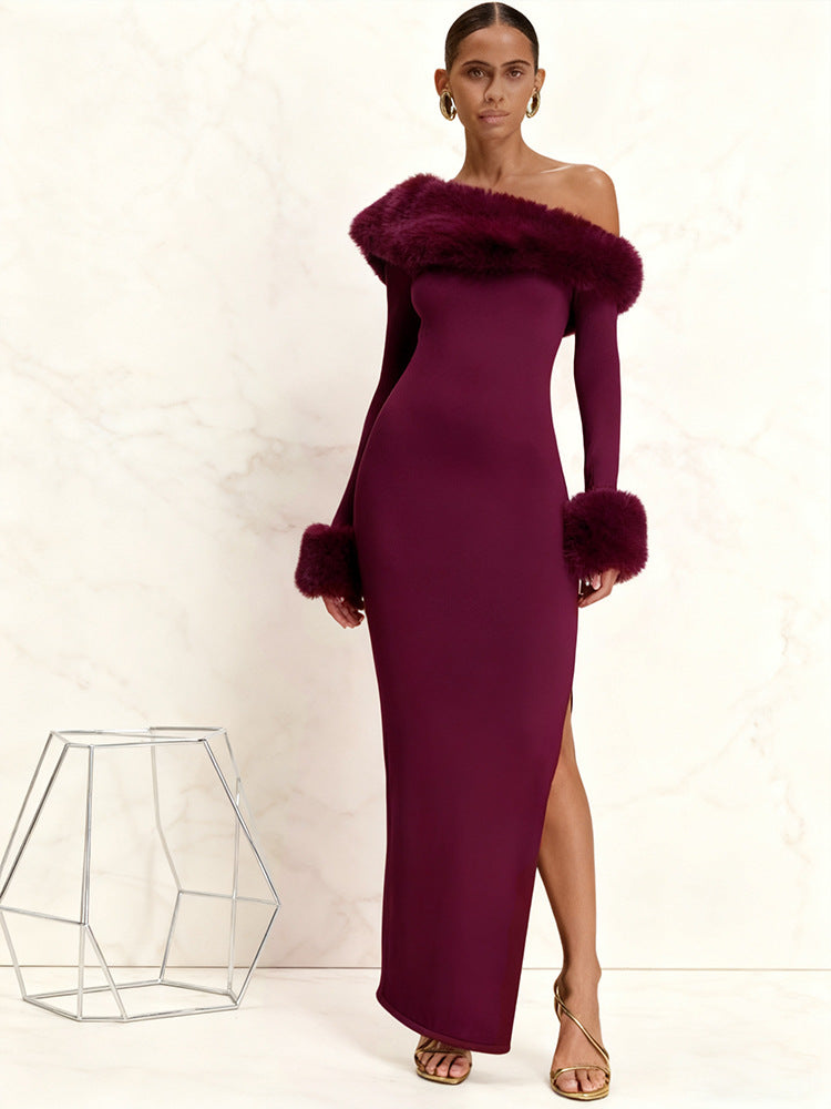 Damen Maxikleid Langarm Schulterfrei Fellakzente