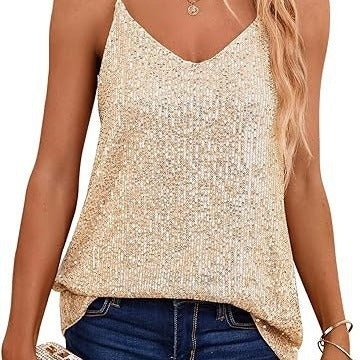 Damen Spaghetti-Trägertop V-Ausschnitt Glitzerdetails Schwarz - Norvielle