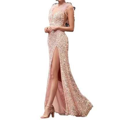 Damen Abendkleid Pailletten Federdetail