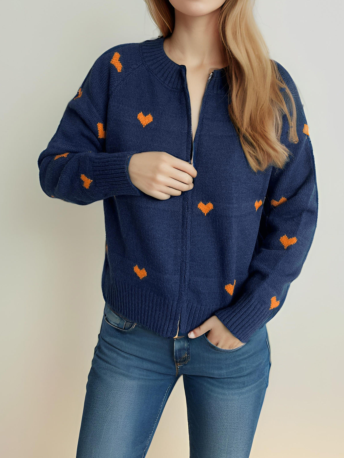Damen Strickcardigan Herzmuster Reißverschluss Norvielle