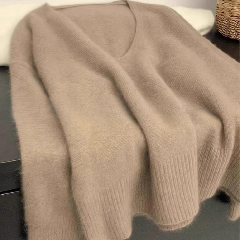 Damen Pullover V-Ausschnitt Rippstruktur Lässig Beige