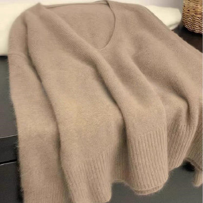 Damen Pullover V-Ausschnitt Rippstruktur Lässig Beige