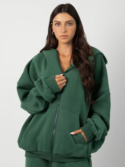 Damen Fleece Hoodie Jogginghose Set mit Reißverschluss und Taschen