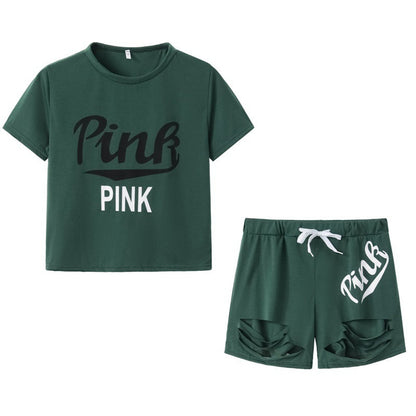 Damen Sportset Weites T-Shirt und Shorts Kontrast-Aufdruck Grau