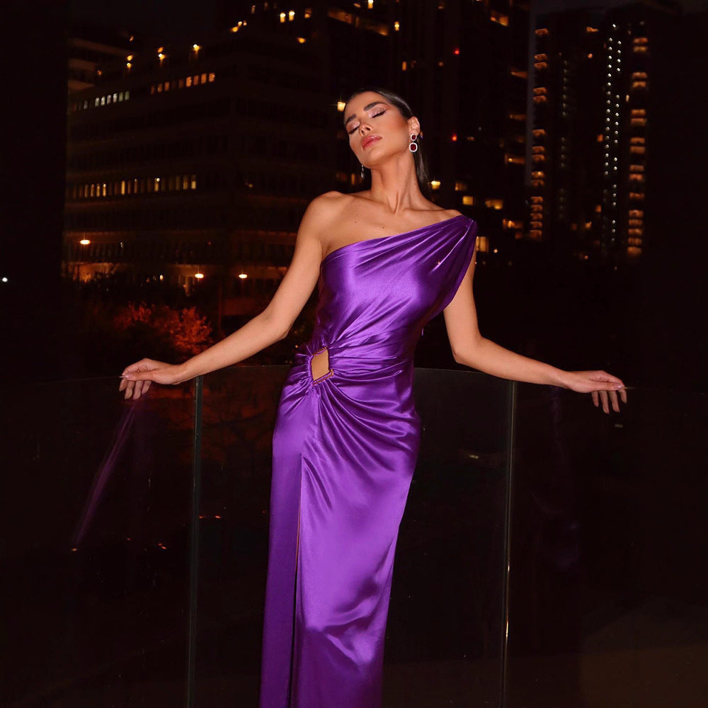 Damen Abendkleid Elegantes Einseitiger Träger Geschlitzter Saum