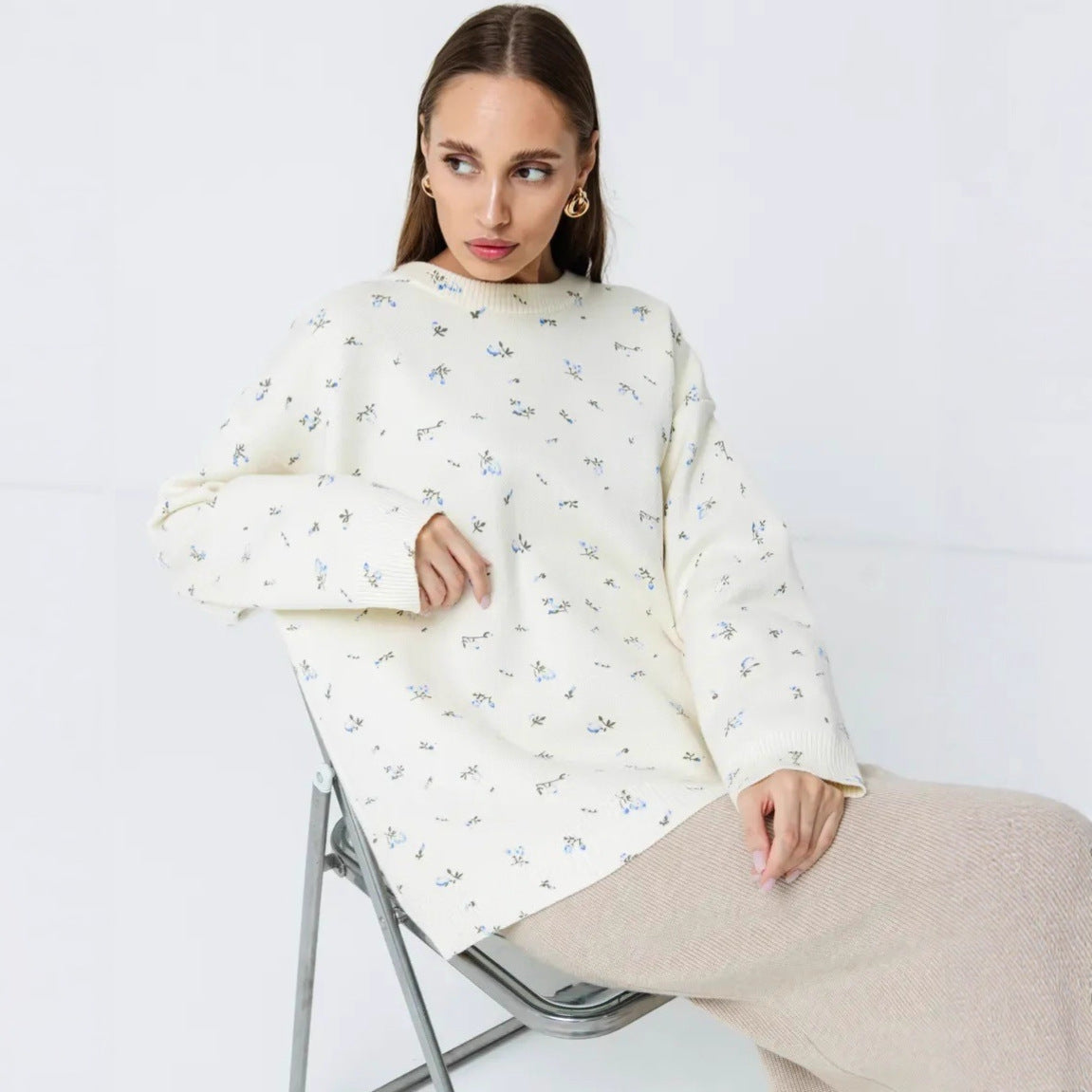 Damen Oversized Sweatpullover Floralmuster Norvielle