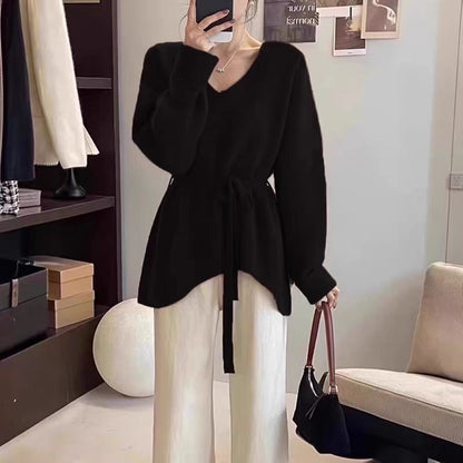 Damen Strickjacke V-Ausschnitt Taillengürtel Norvielle