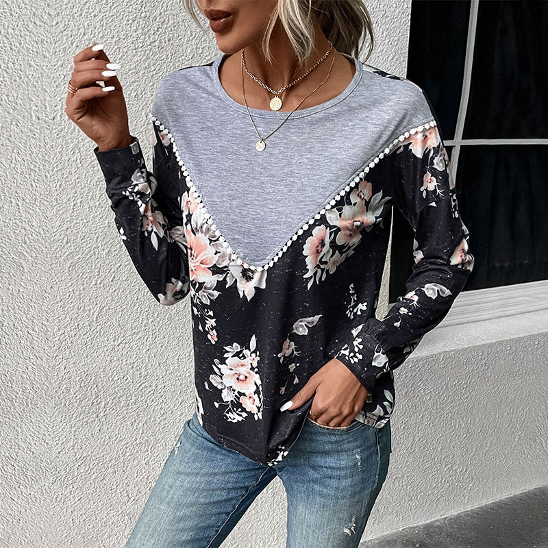 Damen Sweatshirt Floralmuster V-Ausschnitt Rüschen Norvielle