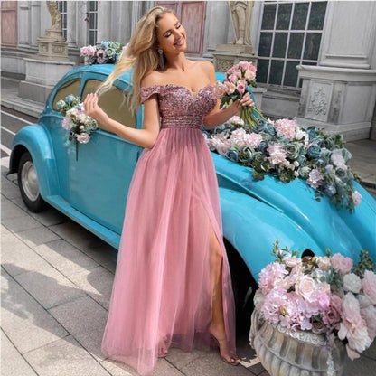 Damen Abendkleid Schulterfrei Glitzernd Norvielle