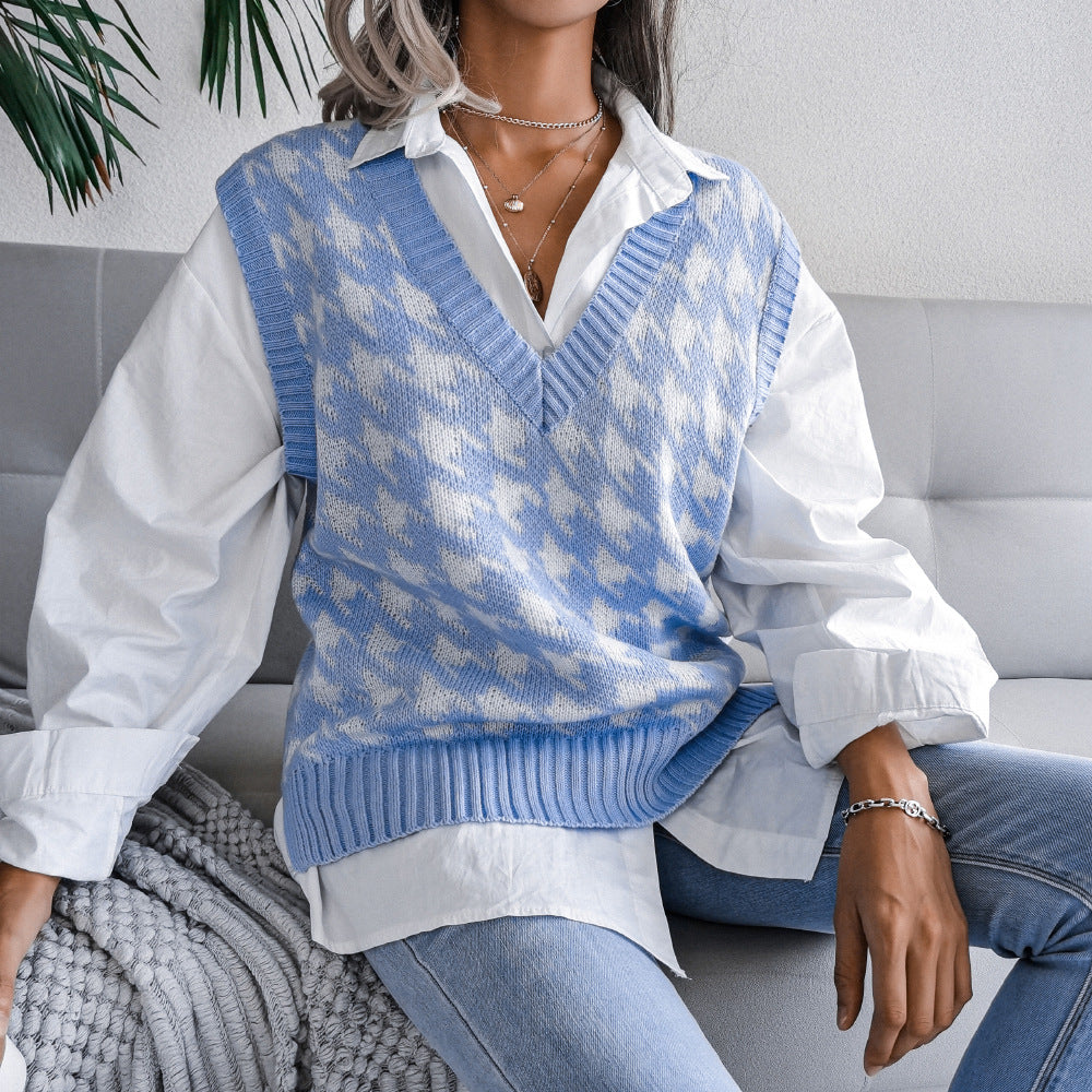 Damen Rippstrick-Weste V-Ausschnitt Hahnentritt-Design
