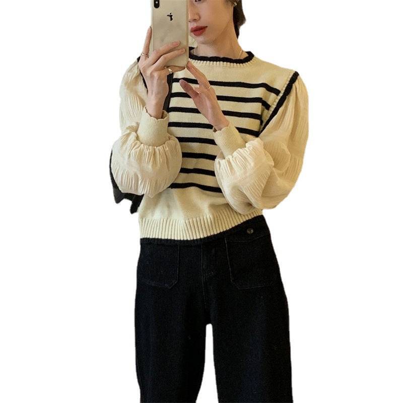 Damen Streifenpullover Puffärmel Rippdetails Norvielle