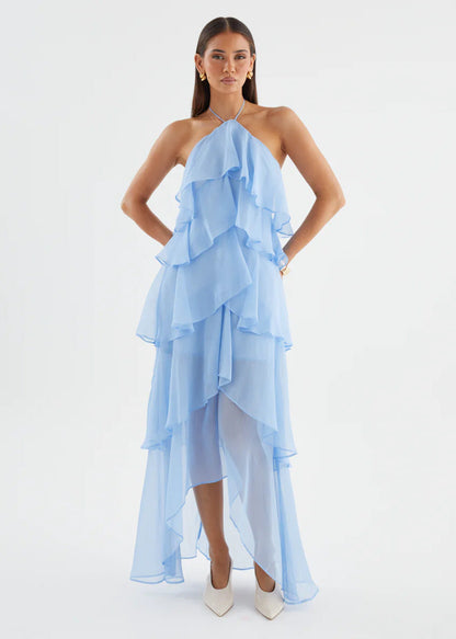 Damen Maxikleid Fließend Volants Halterneck