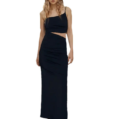Damen Maxikleid Asymmetrisch Raffung Cut-Out Schwarz - Norvielle