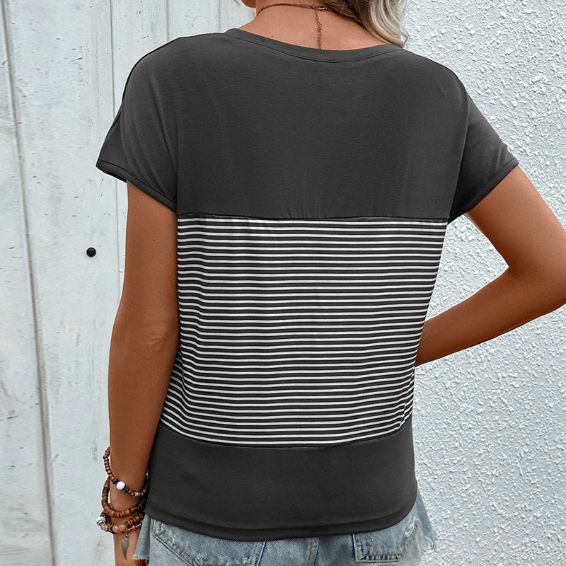Damen T-Shirt V-Ausschnitt Gestreift Grün