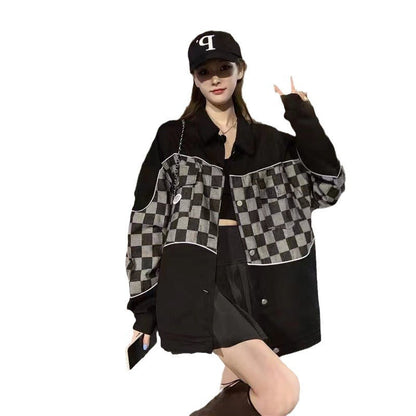 Damen Oversize Hemdjacke Schachbrettmuster Norvielle