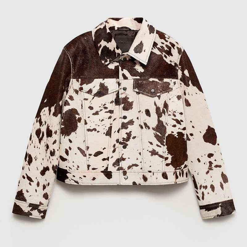 Damen Kuhfleck-Jacke Reverskragen Druckknopfverschluss