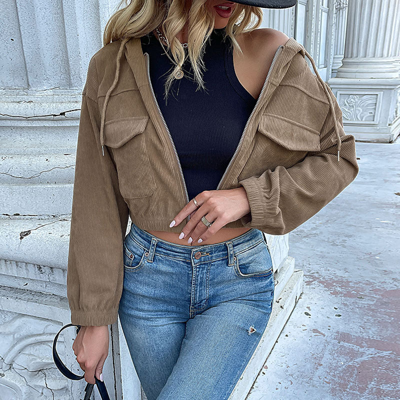 Damen Kurzjacke Cord mit Taschen und Kapuze Norvielle