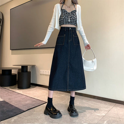 Damen Denim-Rock Lang mit Taschen