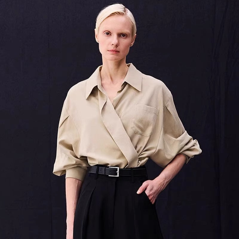 Damen Oversized Bluse Wickeloptik Brusttasche Beige - Norvielle