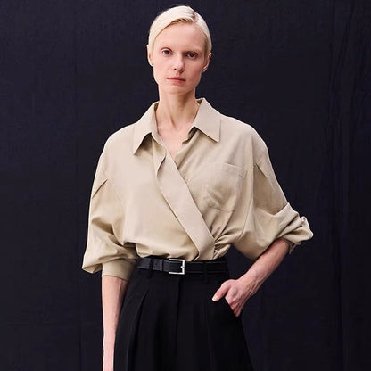 Damen Oversized Bluse Wickeloptik Brusttasche Beige - Norvielle