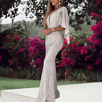 Damen Abendkleid Glitzernd V-Ausschnitt Flügelärmel Norvielle
