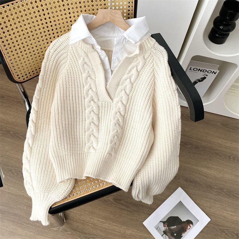 Damen Strickpullover V-Ausschnitt Zopfmuster Norvielle