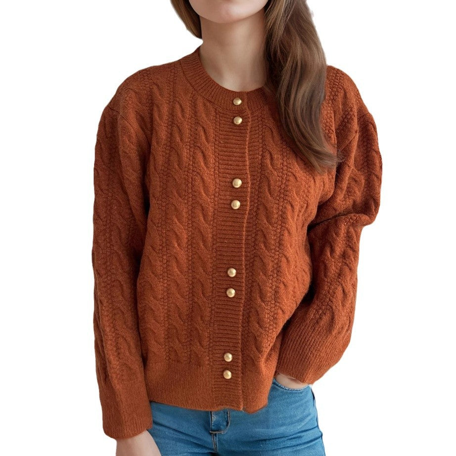Damen Strickjacke Zopfmuster Perlenknöpfe Beige