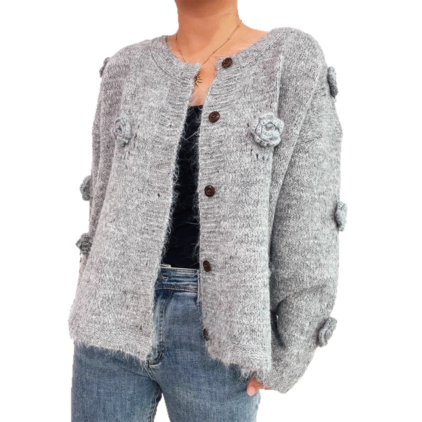 Damen Strickjacke mit Floralmuster und Knöpfen Norvielle