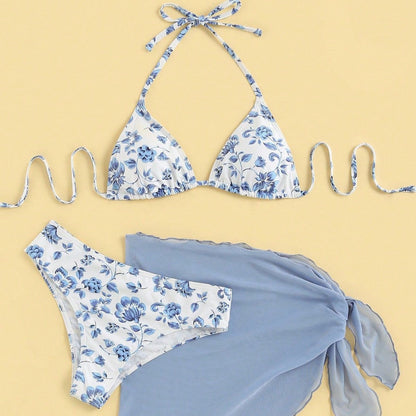 Damen Triangel-Bikini-Set Blumenmuster mit Pareo