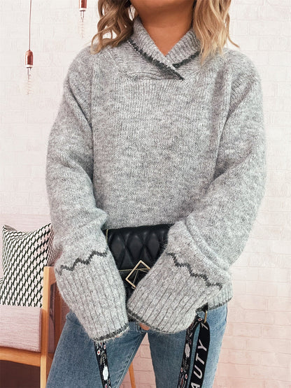 Damen Strickpullover Kuschelig Wellenrand Beige