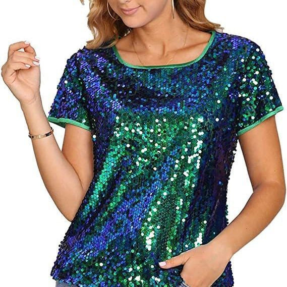 Damen Glitzerndes Pailletten T-Shirt Baumwolle Lässig Schwarz - Norvielle