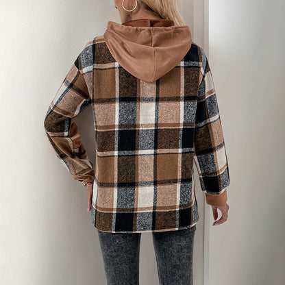Damen Kapuzenpullover Kariertes Patchwork-Design Norvielle