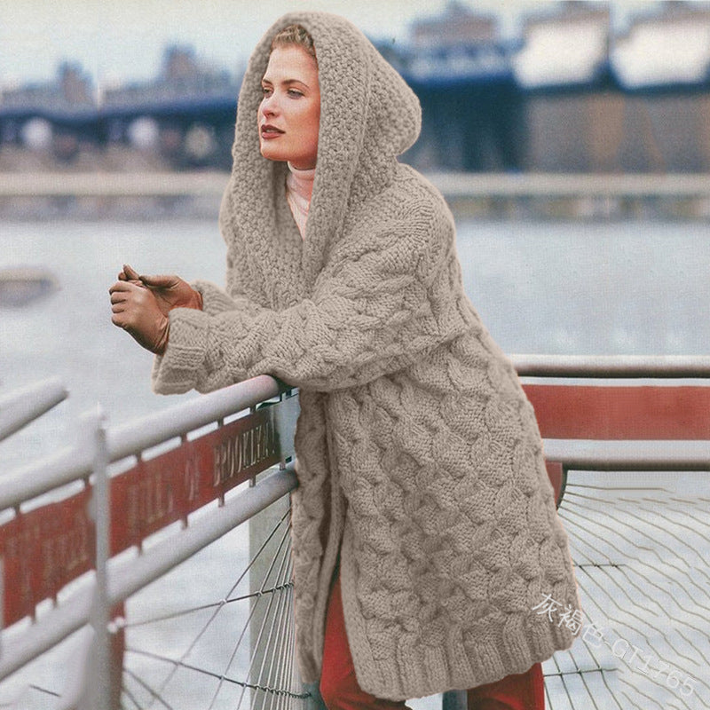 Damen Grobstrick-Cardigan mit Kapuze und Muster