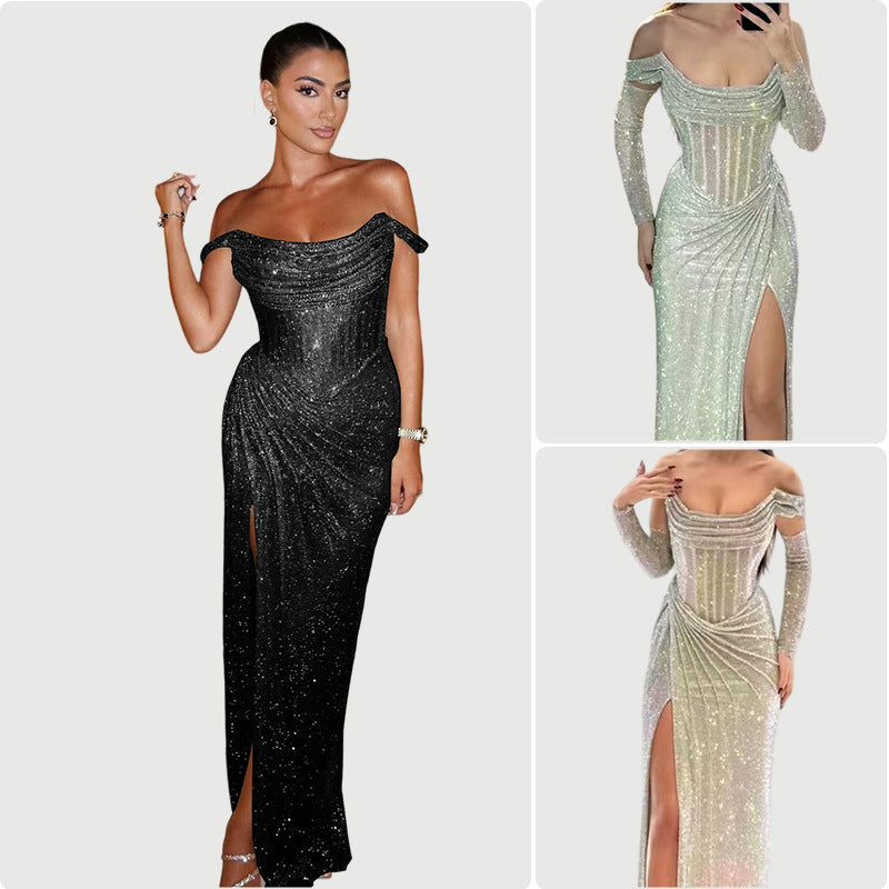 Damen Abendkleid Schimmerndes Detail Drapierter Rock - Norvielle