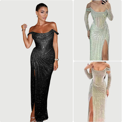 Damen Abendkleid Schimmerndes Detail Drapierter Rock - Norvielle