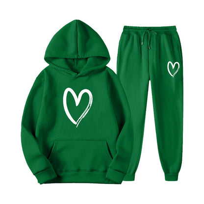 Damen Sweatanzug Kängurutasche Herzprint Grün