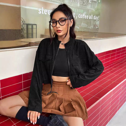 Damen Cordjacke Kurz Praktische Taschen Lässig