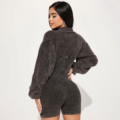 Damen Jumpsuit Puffärmel Rippstruktur Norvielle