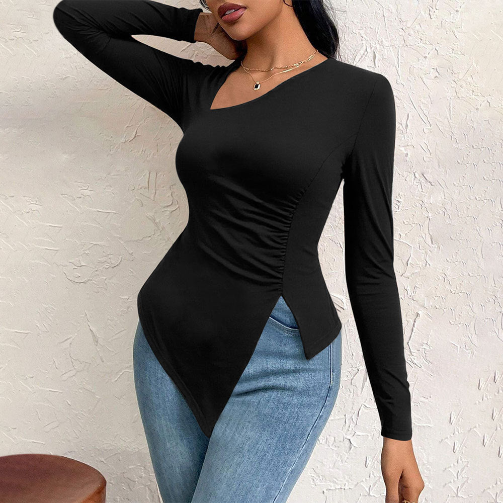 Damen Langarmshirt Asymmetrisch Raffung Norvielle