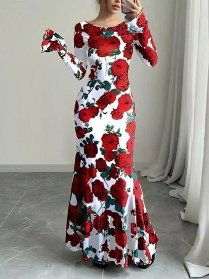 Damen Maxikleid mit Rüschendetails Langarm Floral