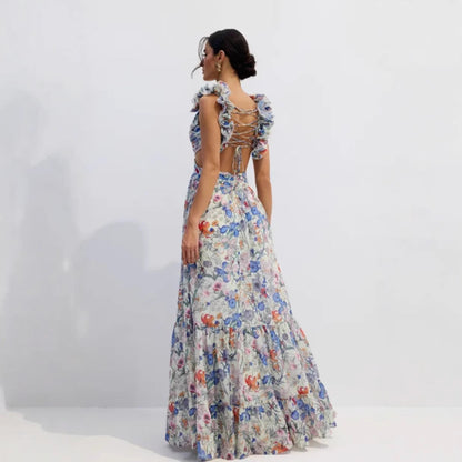 Damen Maxikleid Floralmuster Rüschen Norvielle