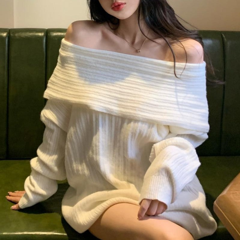Damen Oversized Pullover Off-Shoulder Rippstruktur Beige