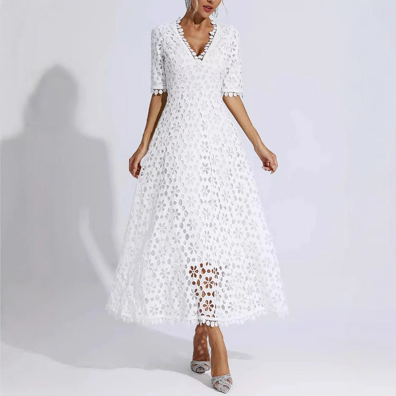 Damen Midi Kleid Florale Stickerei V-Ausschnitt Norvielle - Norvielle
