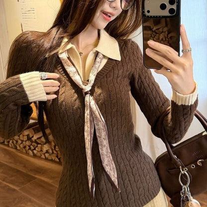 Damen Strickpullover mit Hemdkragen und Krawatte Ribbstruktur - Norvielle