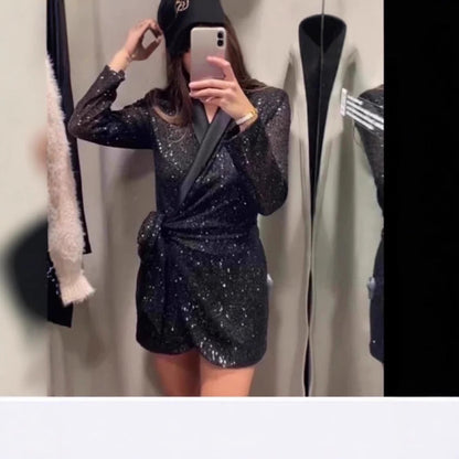 Damen Wickelkleid Glänzend Schalkragen Taillengürtel Norvielle