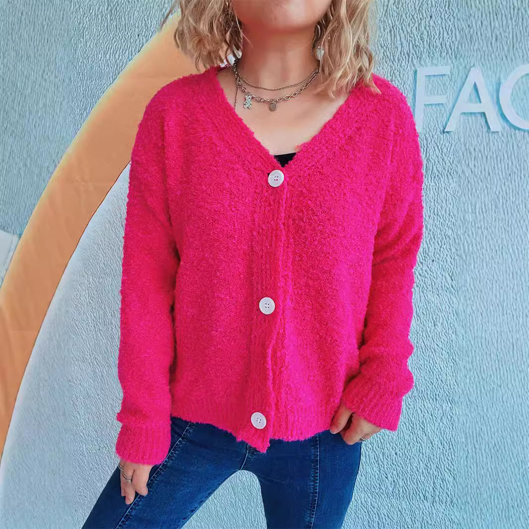 Damen Strickcardigan V-Ausschnitt Knöpfe Beige