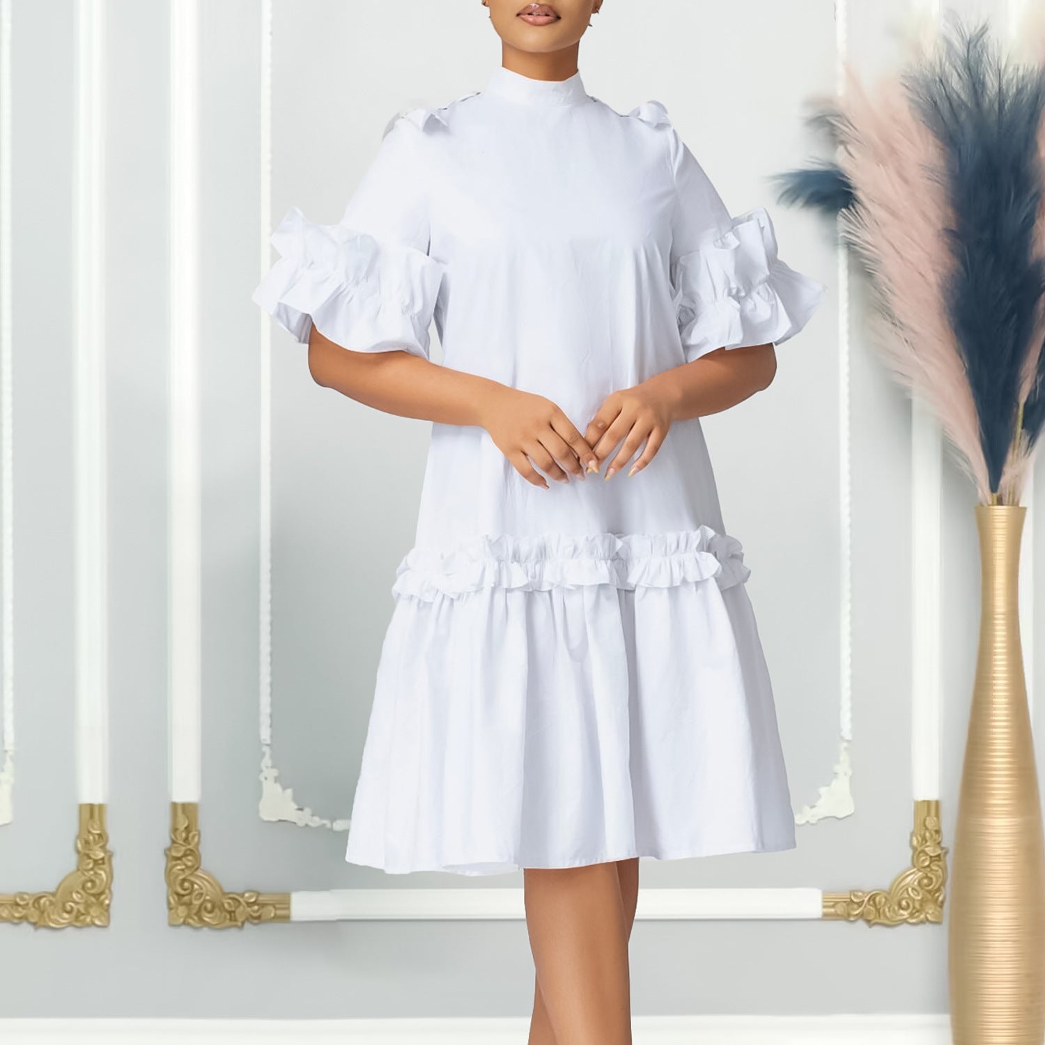 Damen Midikleid Voluminöse Rüschenärmel Stehkragen Norvielle - Norvielle