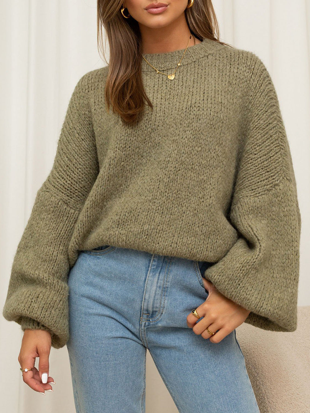Damen Oversized-Pullover Grobgestrickt Voluminöse Ärmel Beige